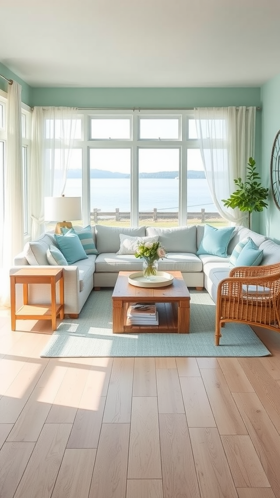 Cozy lakeside cottage living room with large windows, soft blue walls, and comfortable furniture.