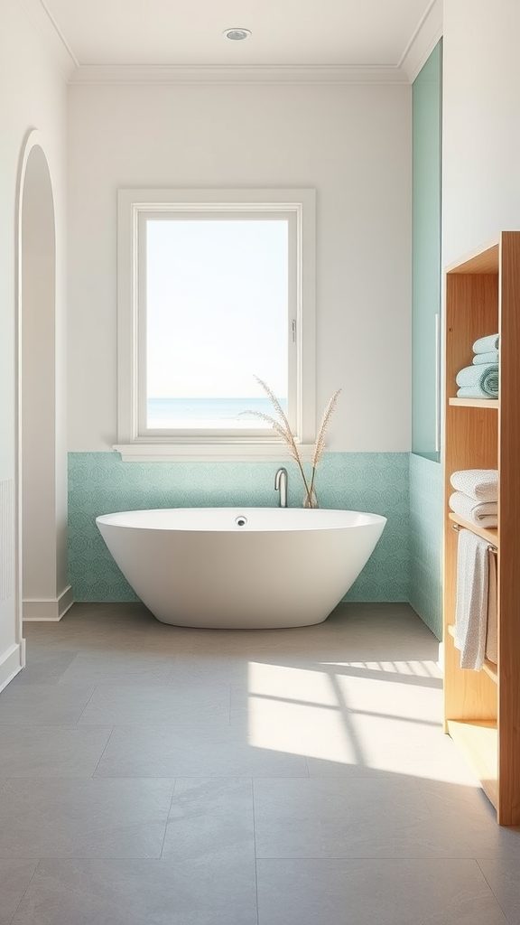 A serene coastal bathroom with a freestanding bathtub, large window showing a sea view, and aqua-colored walls