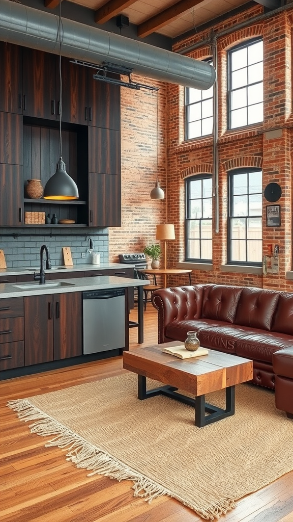 A stylish urban rustic living room and kitchen combo featuring exposed brick walls, large windows, a leather couch, and modern kitchen appliances.