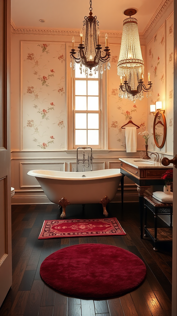 Victorian bathroom featuring a clawfoot bathtub, antique brass fixtures, and floral wallpaper.