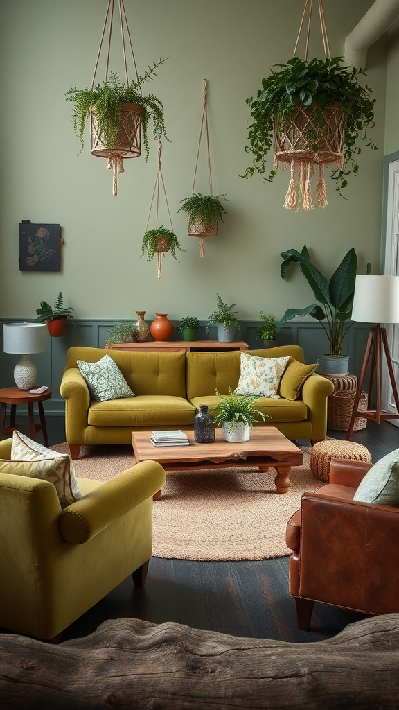 A cozy living room with plants, a yellow-green couch, brown leather chairs, and a wooden coffee table.