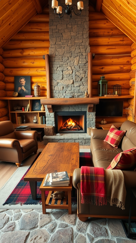 Cozy log cabin living room with stone fireplace and leather furniture