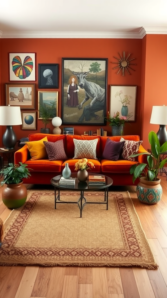 A cozy living room with terracotta walls, an orange sofa with colorful cushions, a gallery wall of framed art, plants, and a woven rug.