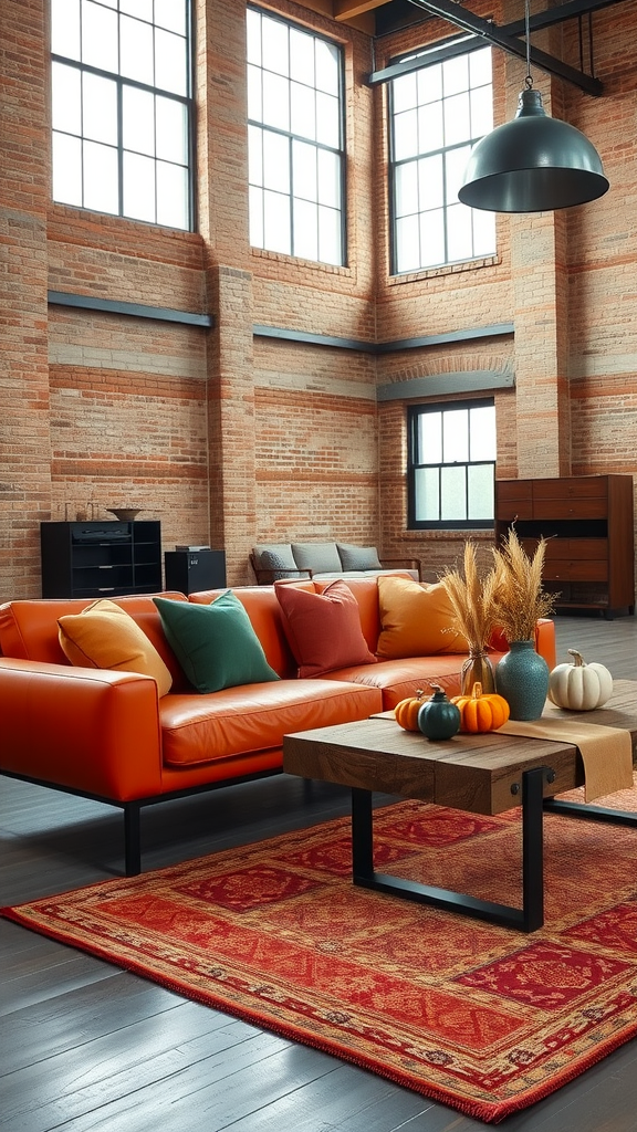 A stylish industrial loft living room with large windows, orange sofa, wooden coffee table, pumpkins, and red area rug.