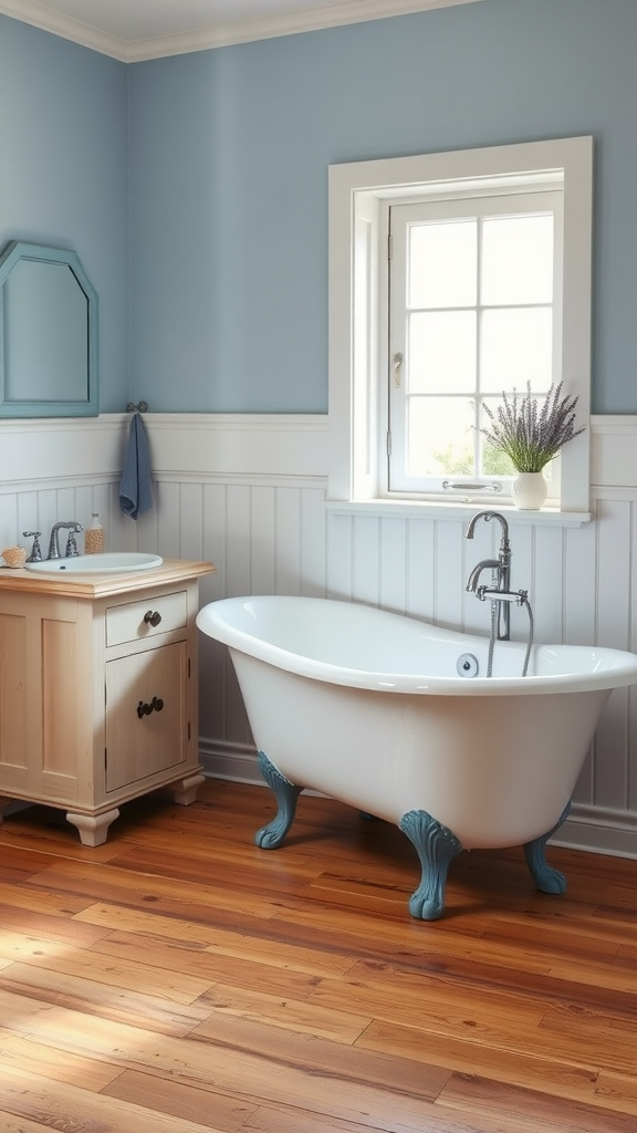 A French country bathroom featuring blue walls, a freestanding bathtub with blue feet, wooden flooring, and natural light coming through a window.