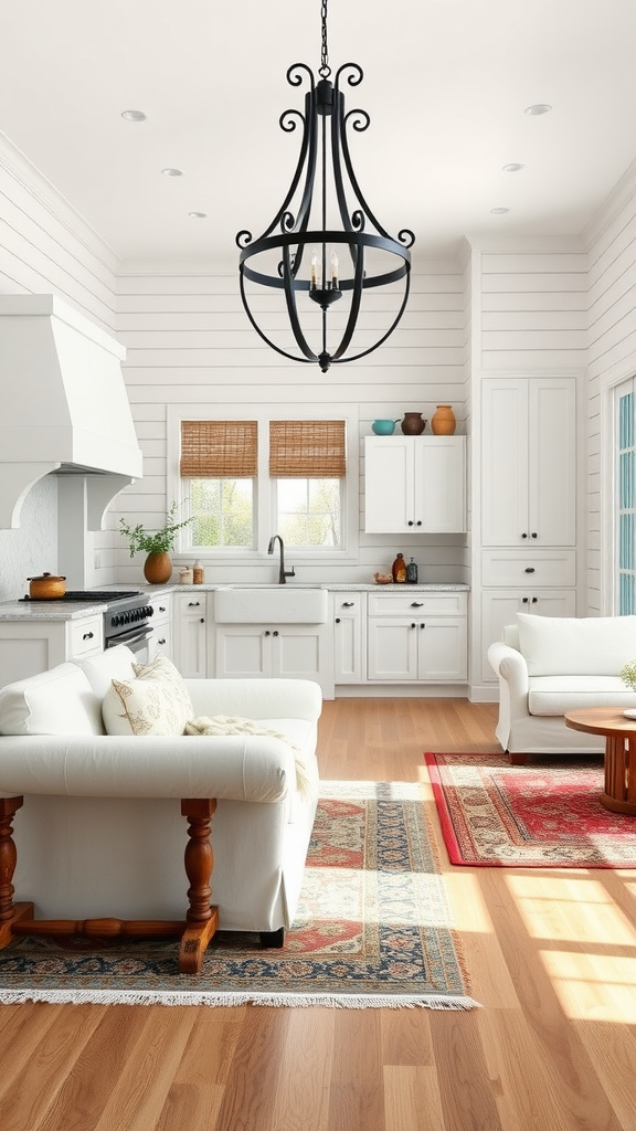 A luxurious farmhouse-style living room and kitchen combo with white cabinets, a black chandelier, and cozy seating.