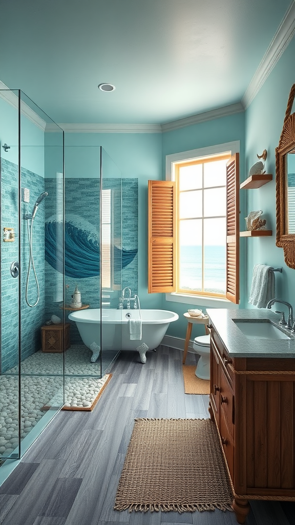 A coastal-inspired bathroom featuring blue walls, a wave mural, a freestanding tub, and a view of the sea.