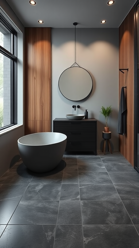 A sleek and modern Japandi style bathroom featuring a freestanding tub, wooden accents, gray tiles, and a round mirror.