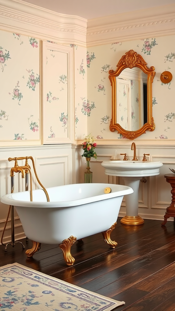 Victorian bathroom featuring a white clawfoot bathtub with gold accents, floral wallpaper, and a gold-framed mirror.