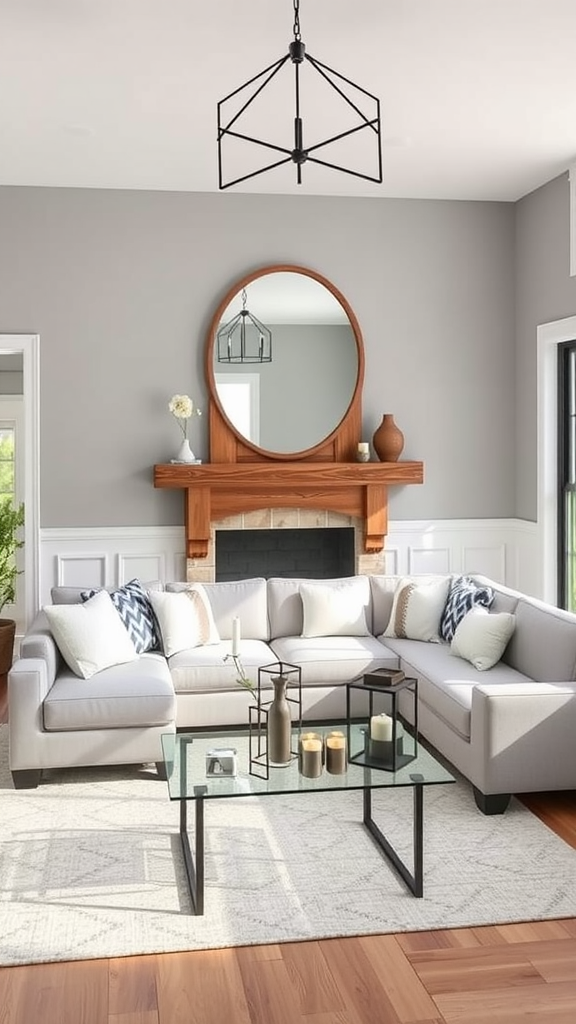 Modern farmhouse living room with gray walls, sectional sofa, and wooden mantel.