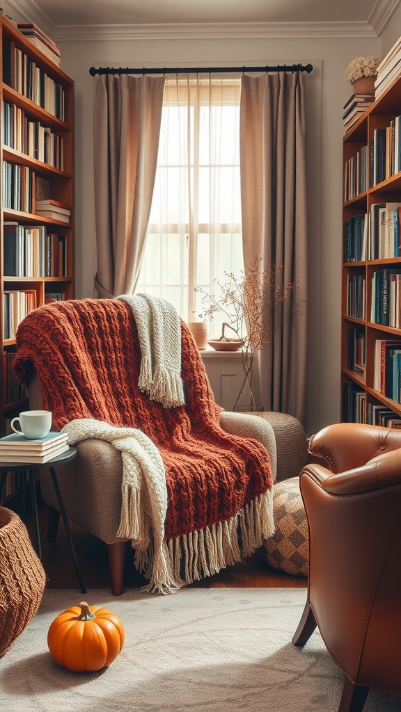 A cozy autumn reading nook with a chair draped in a blanket, bookshelves, and a small pumpkin on the floor.