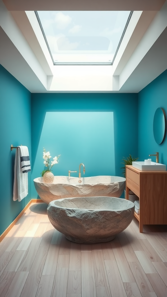 A coastal-themed bathroom with turquoise walls, stone bathtubs, and a skylight.