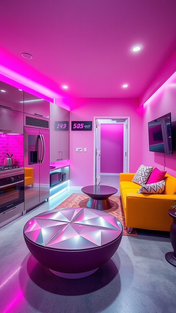 A vibrant retro futuristic living room and kitchen combo featuring pink walls, an orange sofa, and a unique geometric coffee table.