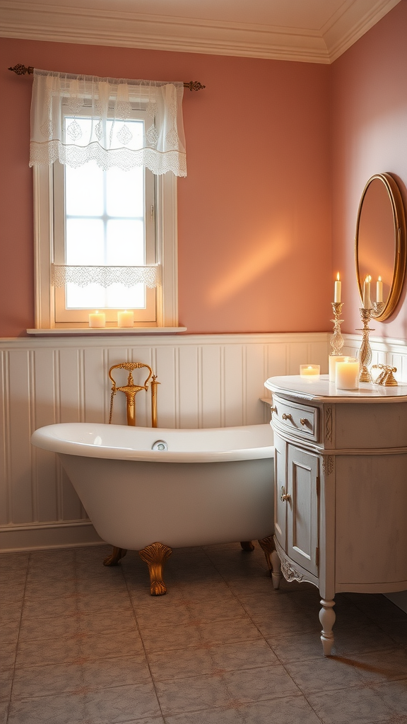 A romantic French country bathroom featuring a freestanding bathtub, wooden cabinet, candles, and soft blush walls.