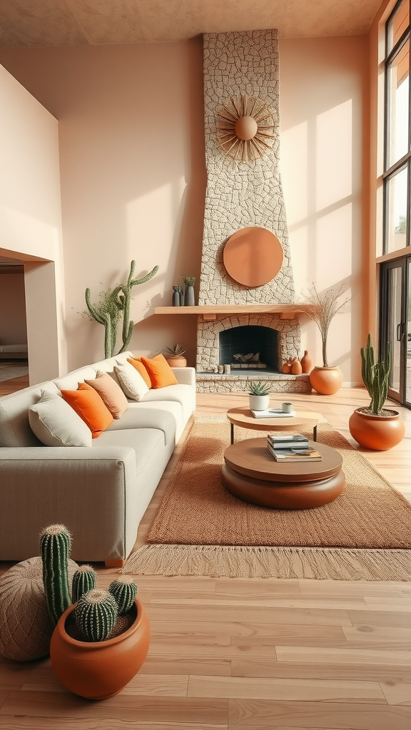 A tranquil living room with earthy tones, featuring a stone fireplace, cozy sofa with orange cushions, and potted cacti.