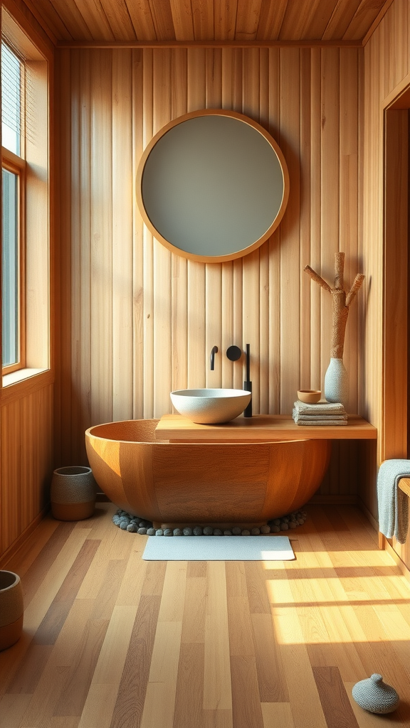 A serene bathroom featuring a wooden tub, natural wood paneling, and a round mirror, creating a tranquil atmosphere.