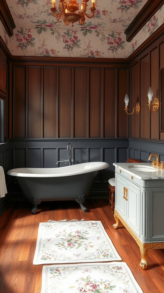 A Victorian bathroom with floral wallpaper, dark wood paneling, a freestanding bathtub, and a stylish vanity.