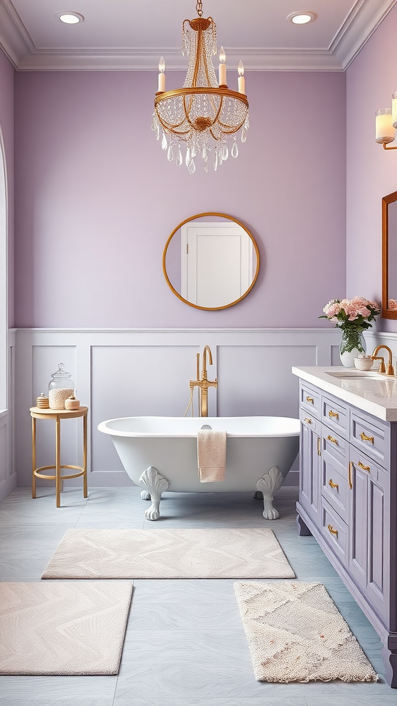 A glamorous beach cottage bathroom featuring lavender walls, a chandelier, a freestanding tub, and stylish decor.