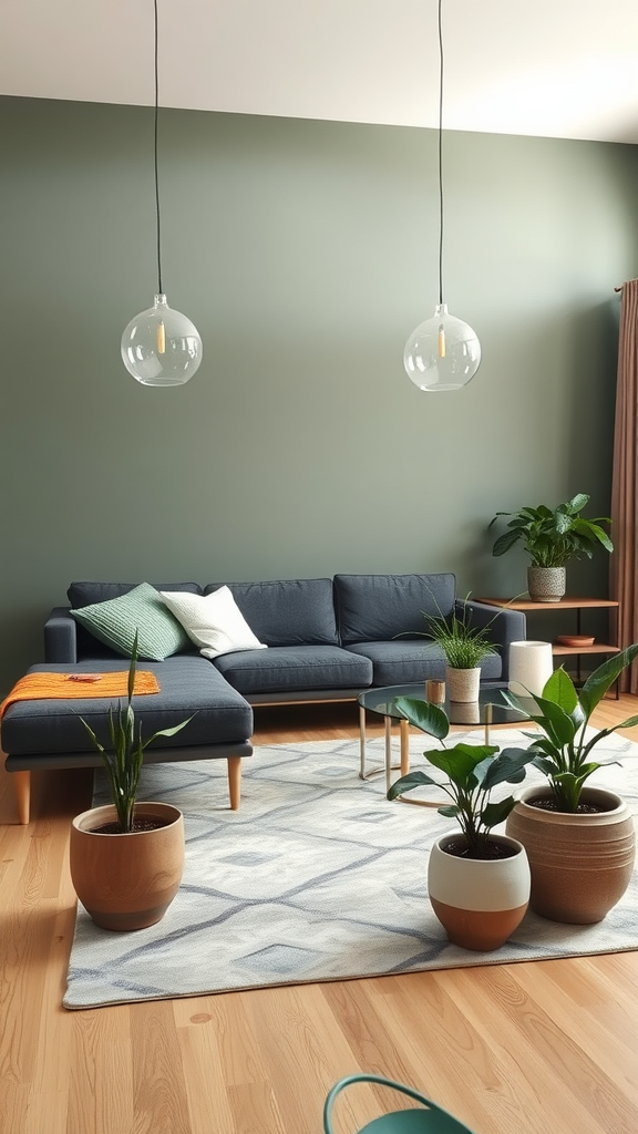 Cozy living room with navy blue sofa, green wall, hanging lights, and potted plants.