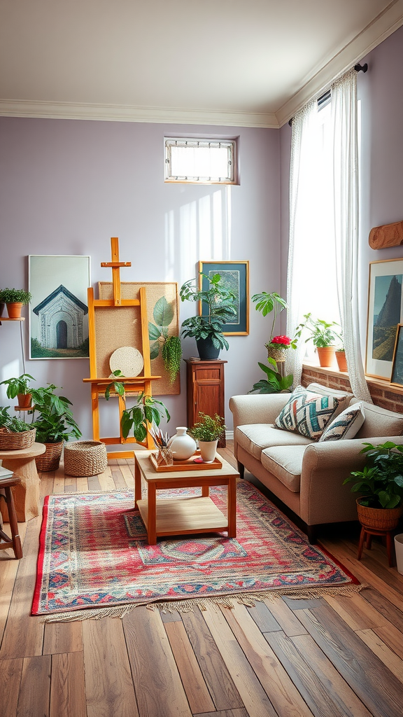 A cozy artist's studio with lavender walls, plants, a wooden easel, and a comfortable couch, creating a warm and inviting atmosphere.