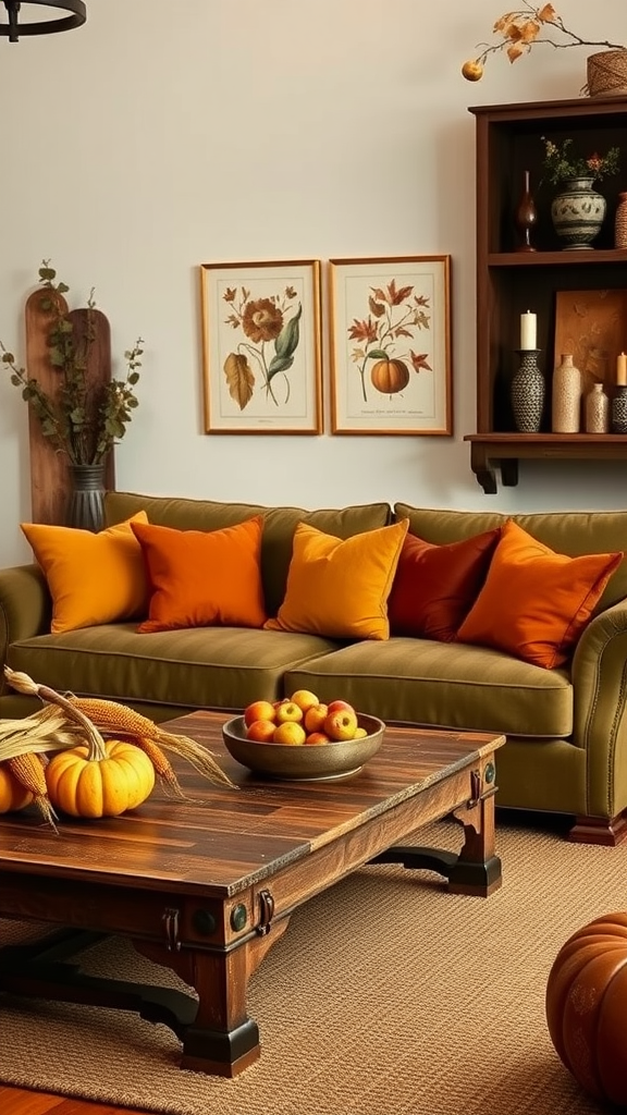 A cozy living room decorated for fall with a green couch, orange pillows, a wooden coffee table with pumpkins and apples, and autumn-themed wall art.