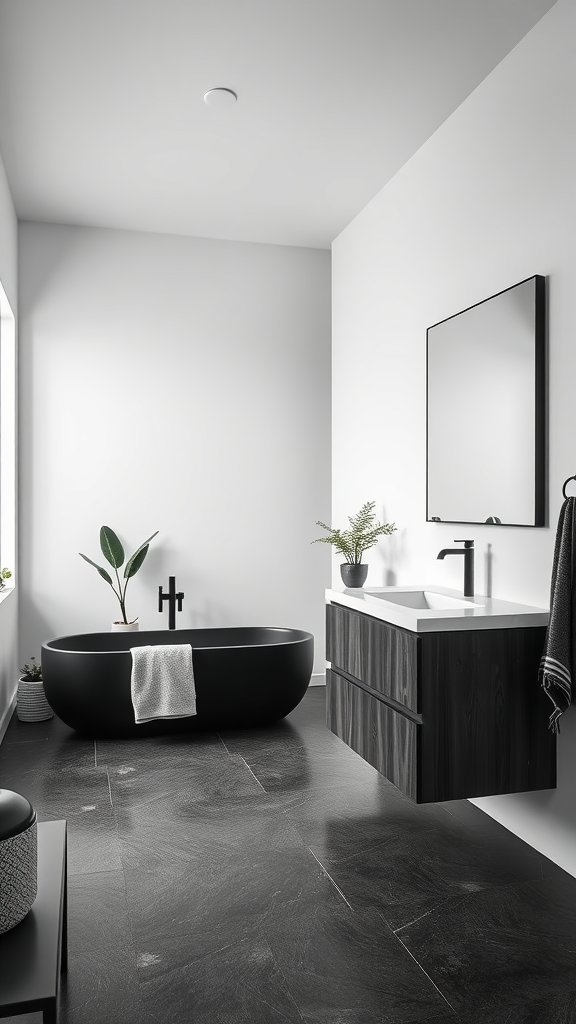 A modern bathroom featuring a black bathtub, dark wood vanity, and white walls, showcasing high contrast simplicity.