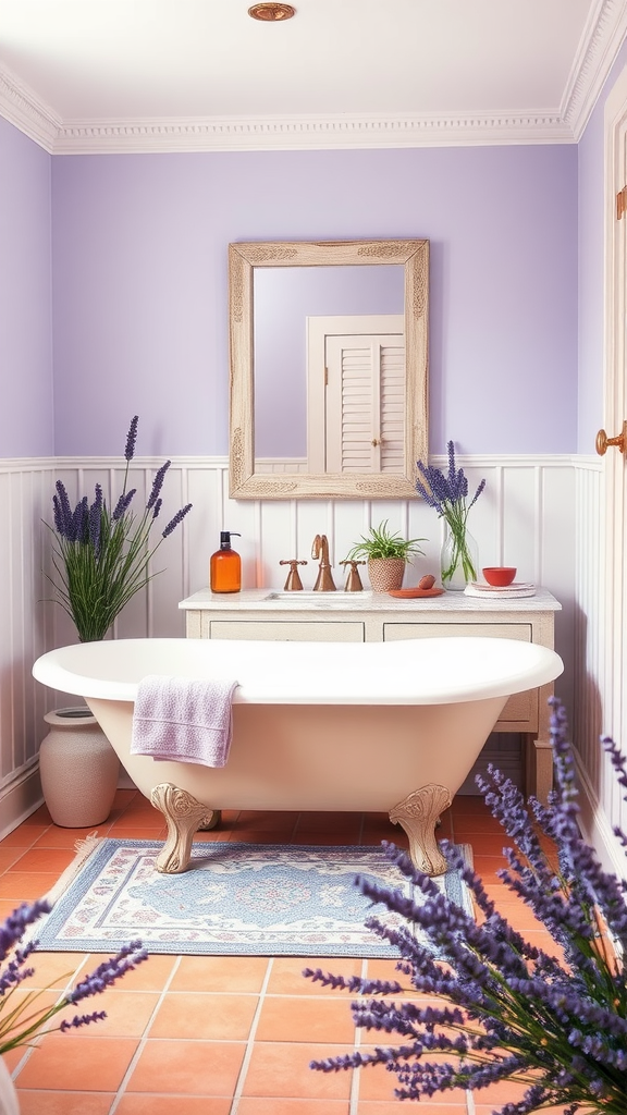 A charming Provencal bathroom featuring lavender walls, a classic freestanding bathtub, and natural lavender plants.