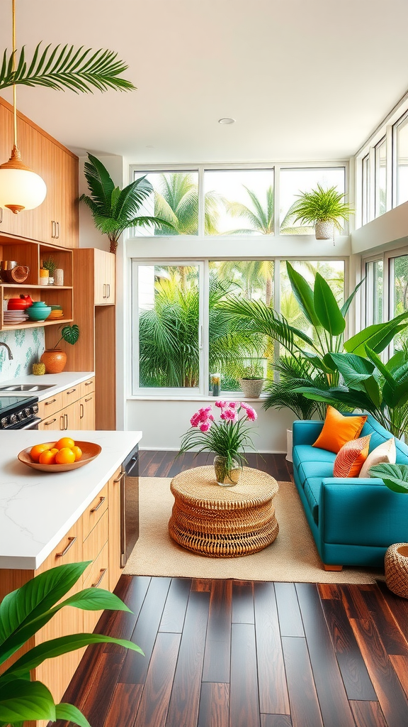 Bright and inviting tropical living room and kitchen combo with large windows, plants, and colorful furniture.