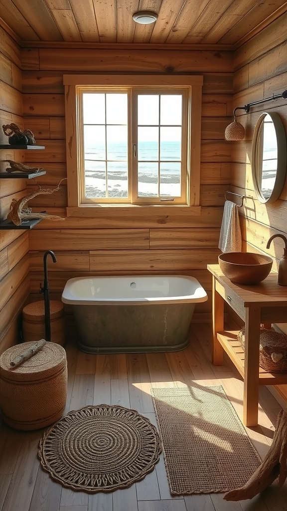 Cozy coastal bathroom with wood paneling, ocean view, and a freestanding tub