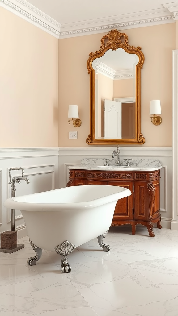 Elegant French country bathroom featuring a marble floor, a clawfoot bathtub, a wooden vanity, and a gilded mirror.