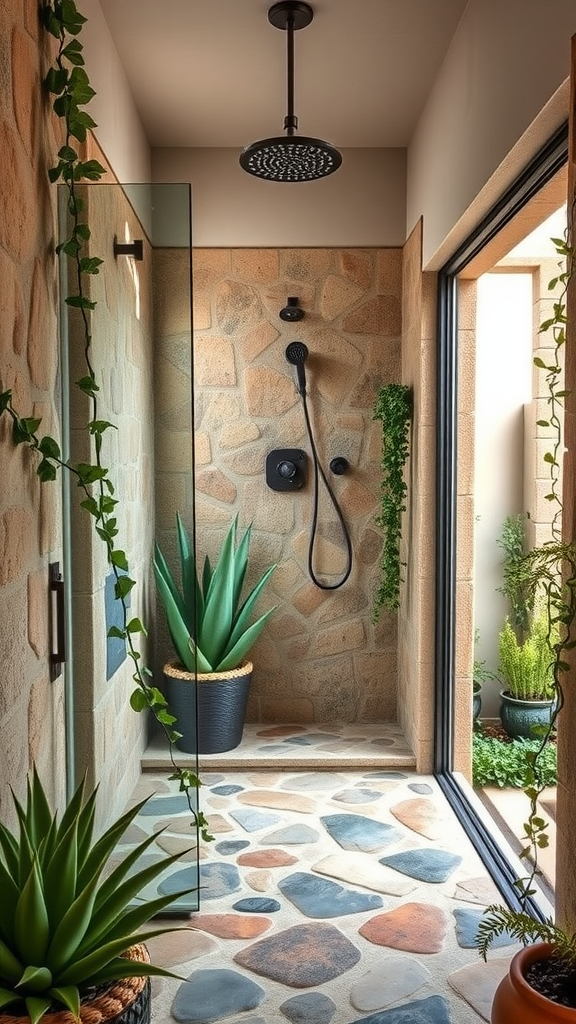 Mediterranean indoor-outdoor shower with stone wall and wooden ceiling