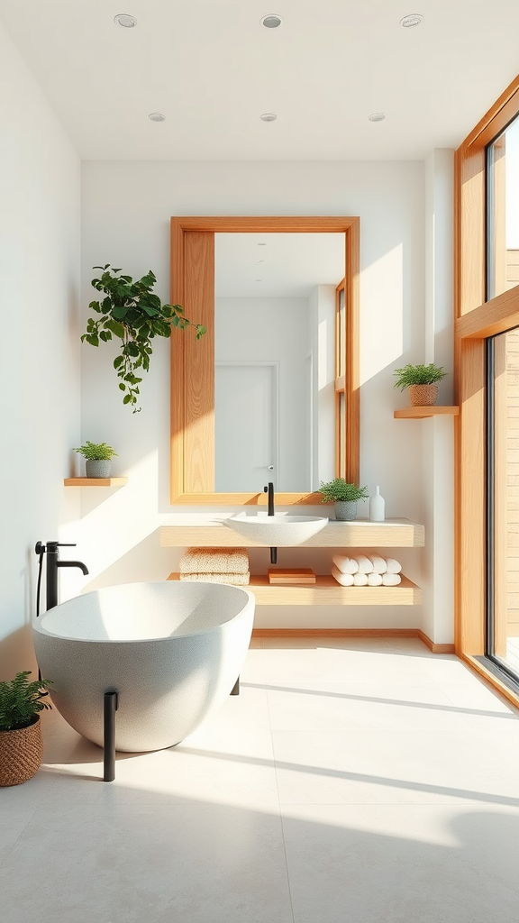 A beautifully designed Japandi bathroom with a freestanding bathtub, wooden accents, and large windows flooding the space with natural light.