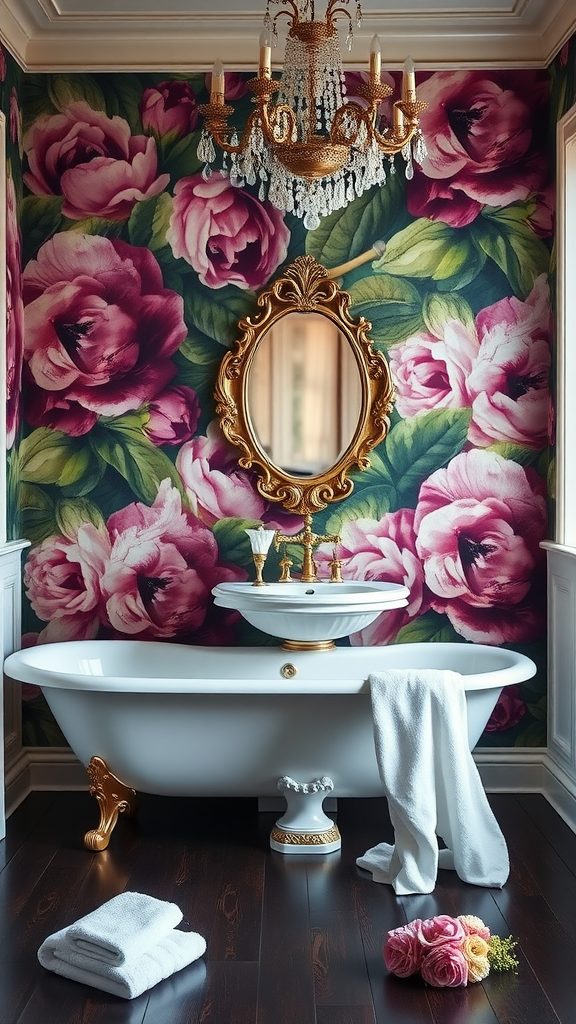 Victorian bathroom featuring a large floral mural, elegant freestanding bathtub, ornate mirror, and chandelier