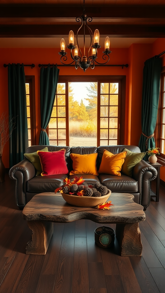 Cozy living room with orange walls, leather sofa, colorful cushions, and a rustic wooden coffee table decorated with autumn elements.