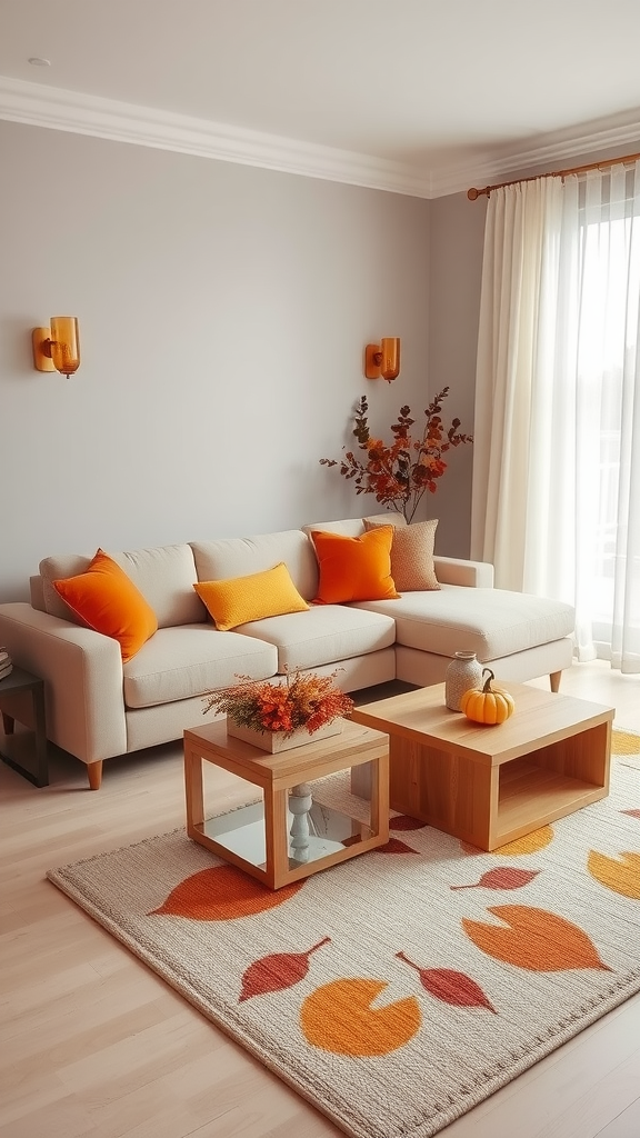 Cozy fall living room with neutral tones, orange accents, and seasonal decor