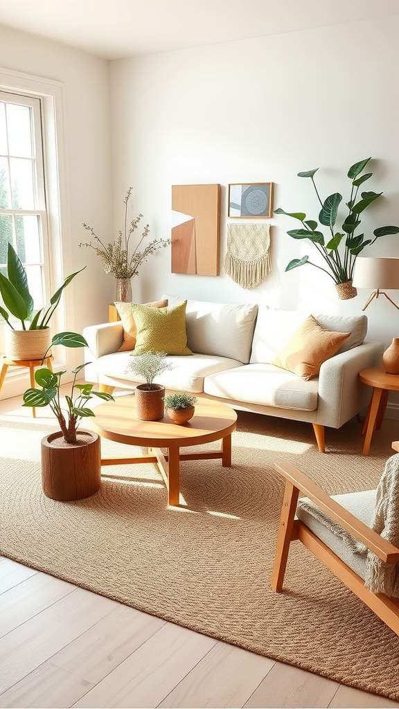 A cozy Scandinavian cottage living room with light colors, wooden furniture, and plants, showcasing a warm and inviting atmosphere.