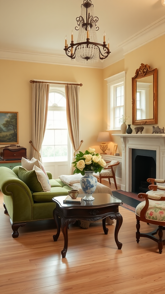 A cozy living room featuring a green sofa, chandelier, and decorative elements reflecting classic countryside charm.