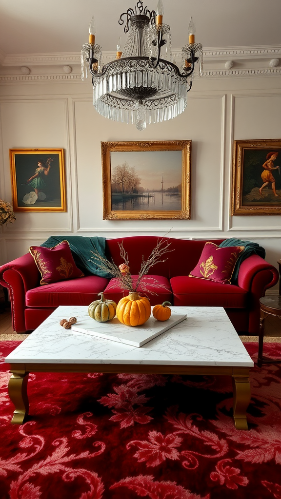 A cozy fall living room featuring a red sofa, elegant chandelier, and pumpkins on a marble coffee table.