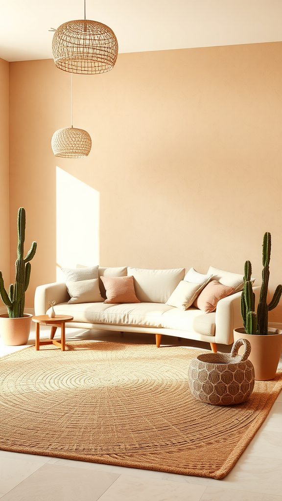 A modern living room with peach walls, a white sofa with pastel pillows, cacti, woven pendant lights, and a round jute rug.