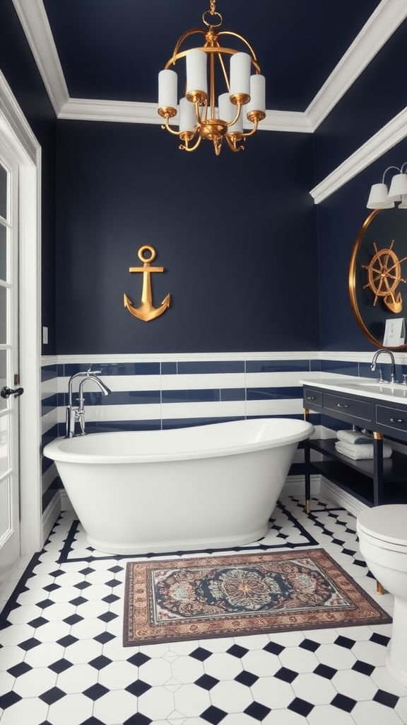 A stylish coastal-themed bathroom featuring navy walls, a freestanding bathtub, gold chandelier, and nautical decor.