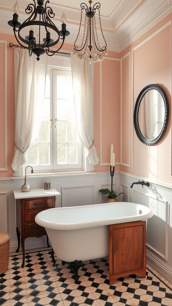 A vintage-inspired Parisian bathroom with a pink color scheme, elegant chandeliers, a white bathtub, and patterned floor tiles.