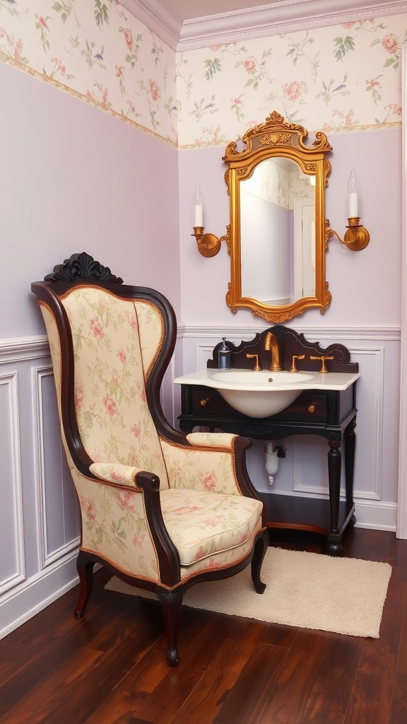 Victorian bathroom featuring a high-backed chair and a black vanity with a white sink