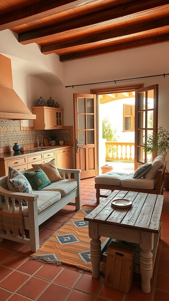 Cozy Mediterranean living room and kitchen combo with wooden furniture and a sunny terrace.