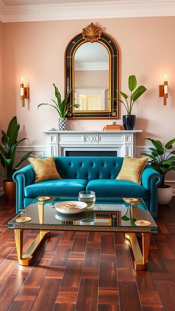 A stylish living room featuring a teal sofa, a glass coffee table with gold accents, and decorative plants.