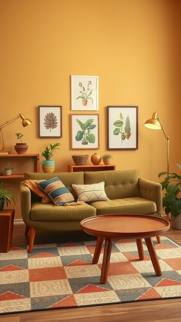 A cozy living room with a green sofa, patterned rug, and botanical prints on warm yellow walls.