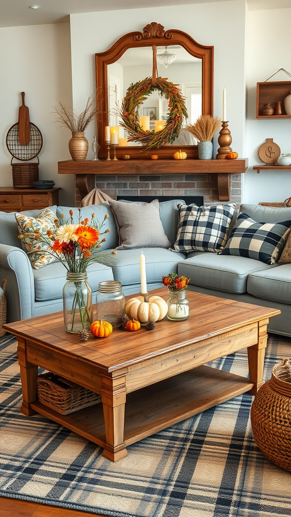 A cozy farmhouse living room decorated for fall with a blue sofa, wooden coffee table with pumpkins, and a wreath on the fireplace.