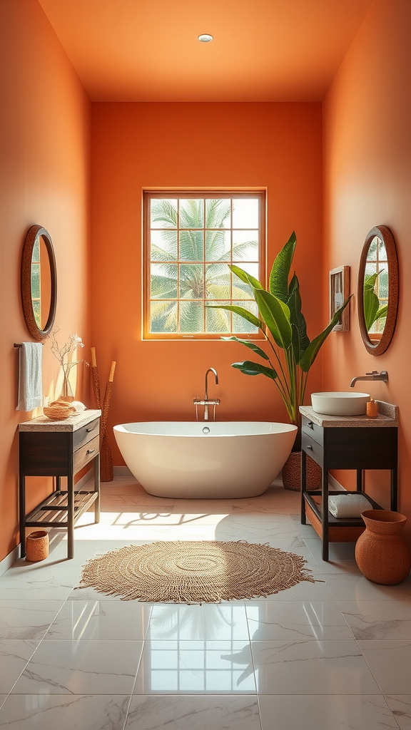 A bright and inviting coastal bathroom featuring orange walls, a freestanding bathtub, dark wood vanities, and lush green plants.