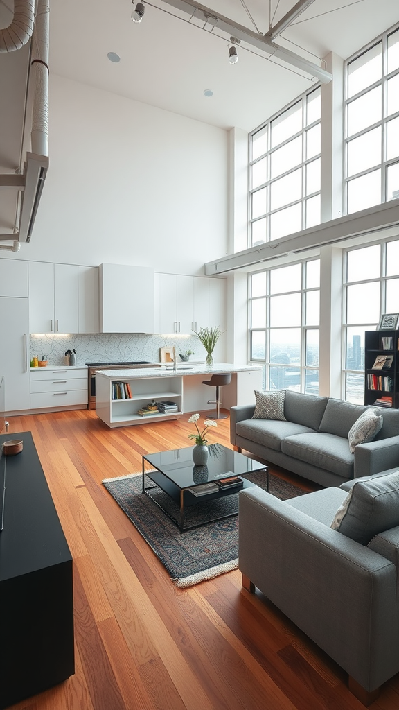 A modern loft interior featuring a living room and kitchen combo with high ceilings and large windows.