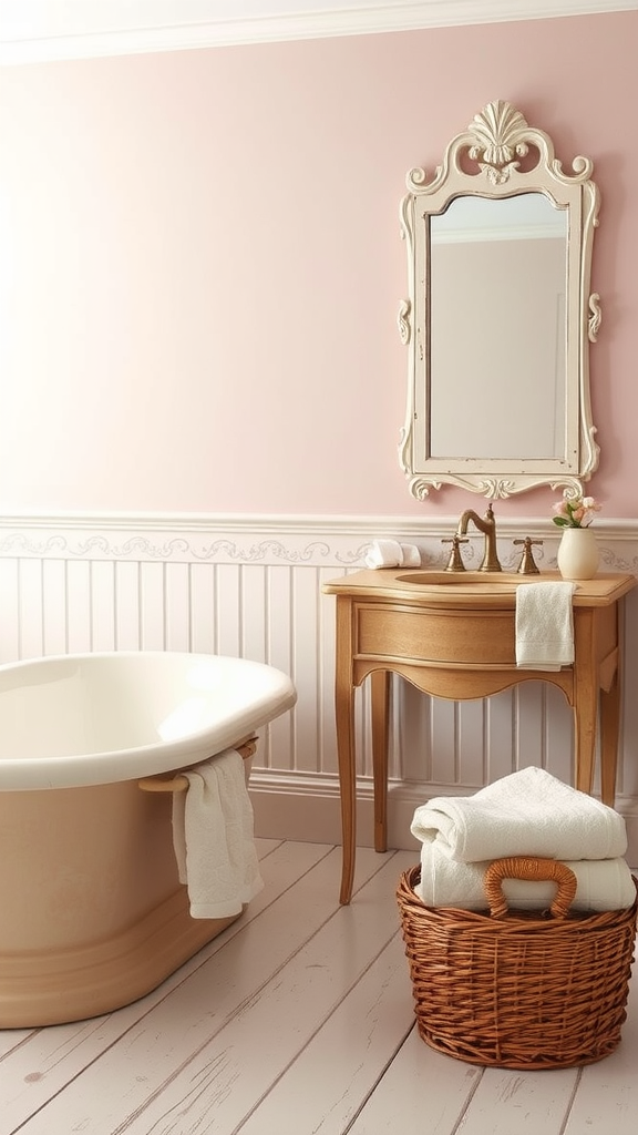 A shabby chic French country bathroom with pink walls, a freestanding tub, a wooden vanity with a mirror, and a wicker basket of towels.