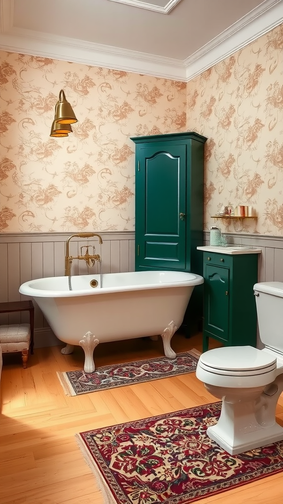 Victorian bathroom with freestanding tub, green cabinet, and floral wallpaper